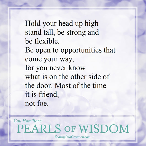 Hold your head up high, stand tall, be strong and be flexible. Be open to opportunities that come your way, for you never know what is on the other side of the door. Most of the time it is friend, not foe.