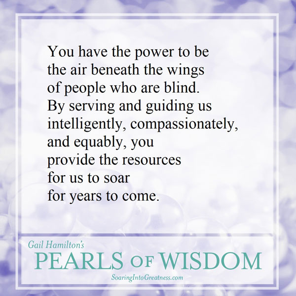You have the power to be the air beneath the wings of people who are blind. By serving and guiding us intelligently, compassionately, and equably, you provide the resources for us to soar for years to come.