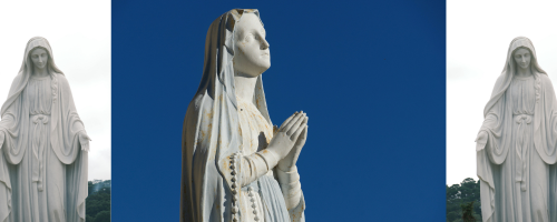 An image of a statue of Mother Mary. She is looking up while she stands with her palms pressed together, she looks peaceful and full of gratitude. This is surrounded by two mirrored photos of a statue of Mother Mary but her expression is different, her head is bowed, she looks trusting, and her palms are open as she is ready to receive her blessings