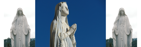 An image of a statue of Mother Mary. She is looking up while she stands with her palms pressed together, she looks peaceful and full of gratitude. This is surrounded by two mirrored photos of a statue of Mother Mary but her expression is different, her head is bowed, she looks trusting, and her palms are open as she is ready to receive her blessings