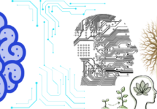 Image of different matrix forms flowing together, one of which is connected to a brain and the other is in the shape of a human head and that faces tree roots that lead to a big lush green tree. There are also plants growing besides and inside human heads, the reminder that just as technology mirrors us, we mirror nature.