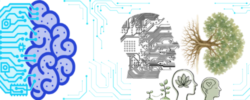 Image of different matrix forms flowing together, one of which is connected to a brain and the other is in the shape of a human head and that faces tree roots that lead to a big lush green tree. There are also plants growing besides and inside human heads, the reminder that just as technology mirrors us, we mirror nature.