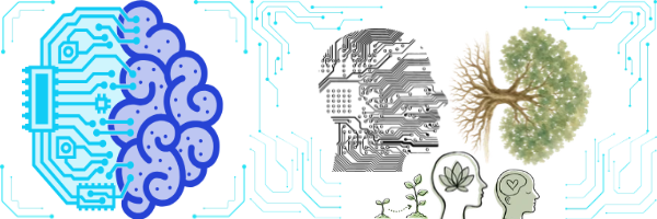 Image of different matrix forms flowing together, one of which is connected to a brain and the other is in the shape of a human head and that faces tree roots that lead to a big lush green tree. There are also plants growing besides and inside human heads, the reminder that just as technology mirrors us, we mirror nature.